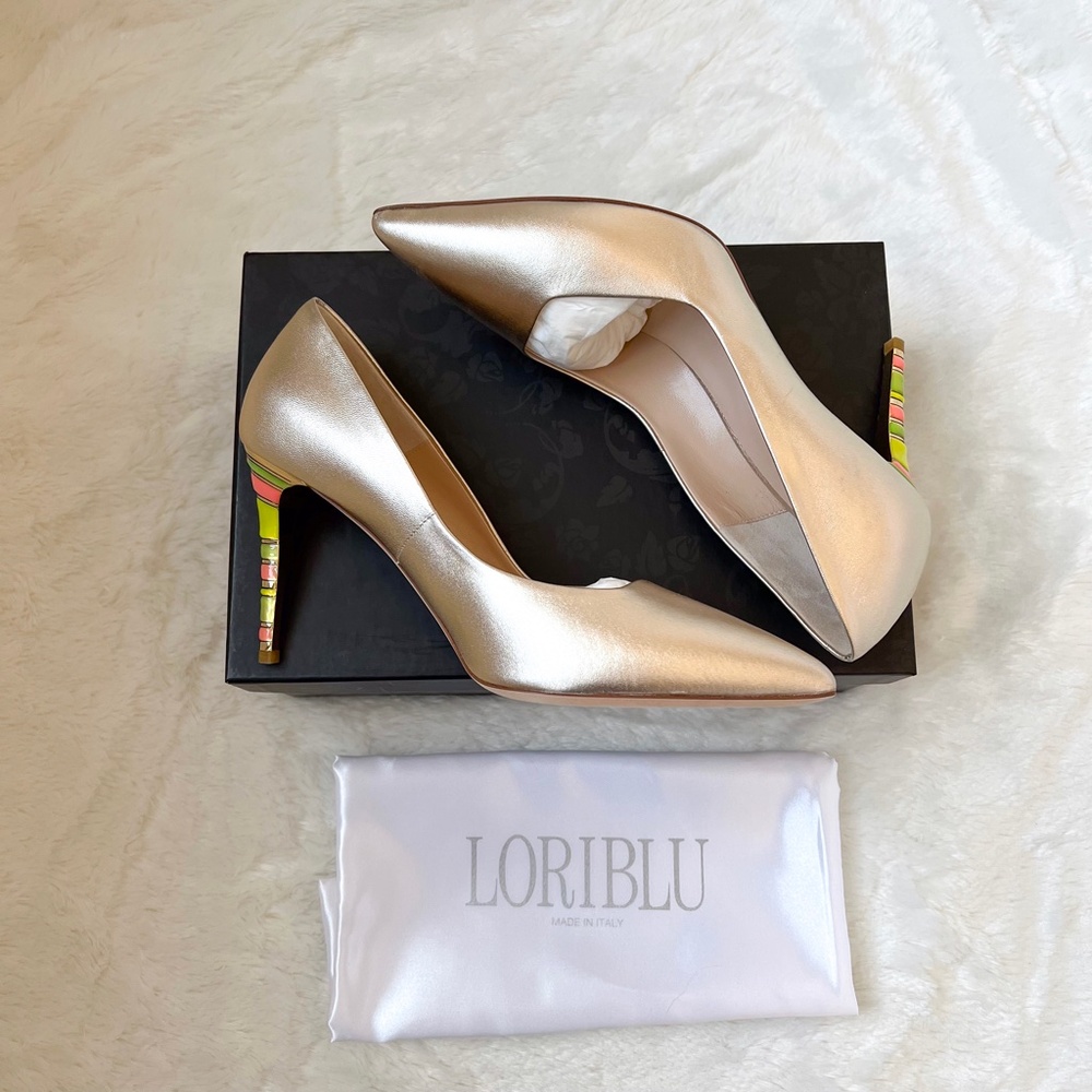 NEW $595 Loriblu Oro Gold Pump MG8201 Colorblock Accent Heel Pointy Toe 40IT U
